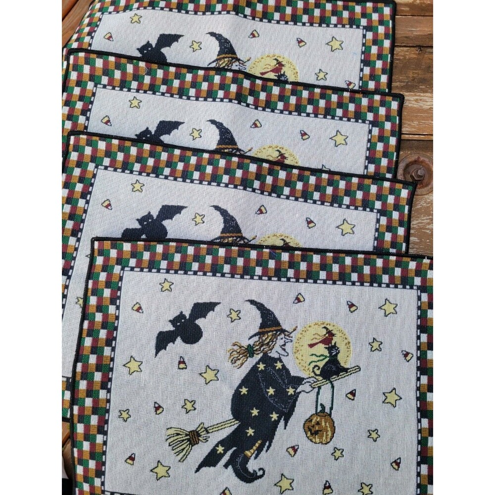 Vintage Halloween Witch Broom Tapestry Placemats Set 4 Cat Bird Bat Candy Corn